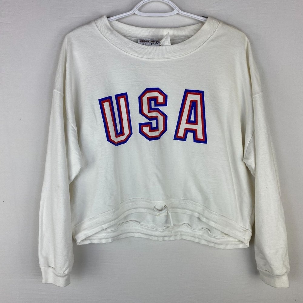 Vintage Womens Pullover Size Large White USA Print Long Sleeve Cropped Moret